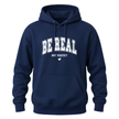 Navy Be Real Not Perfect inspirational pullover with contrasting white statement lettering