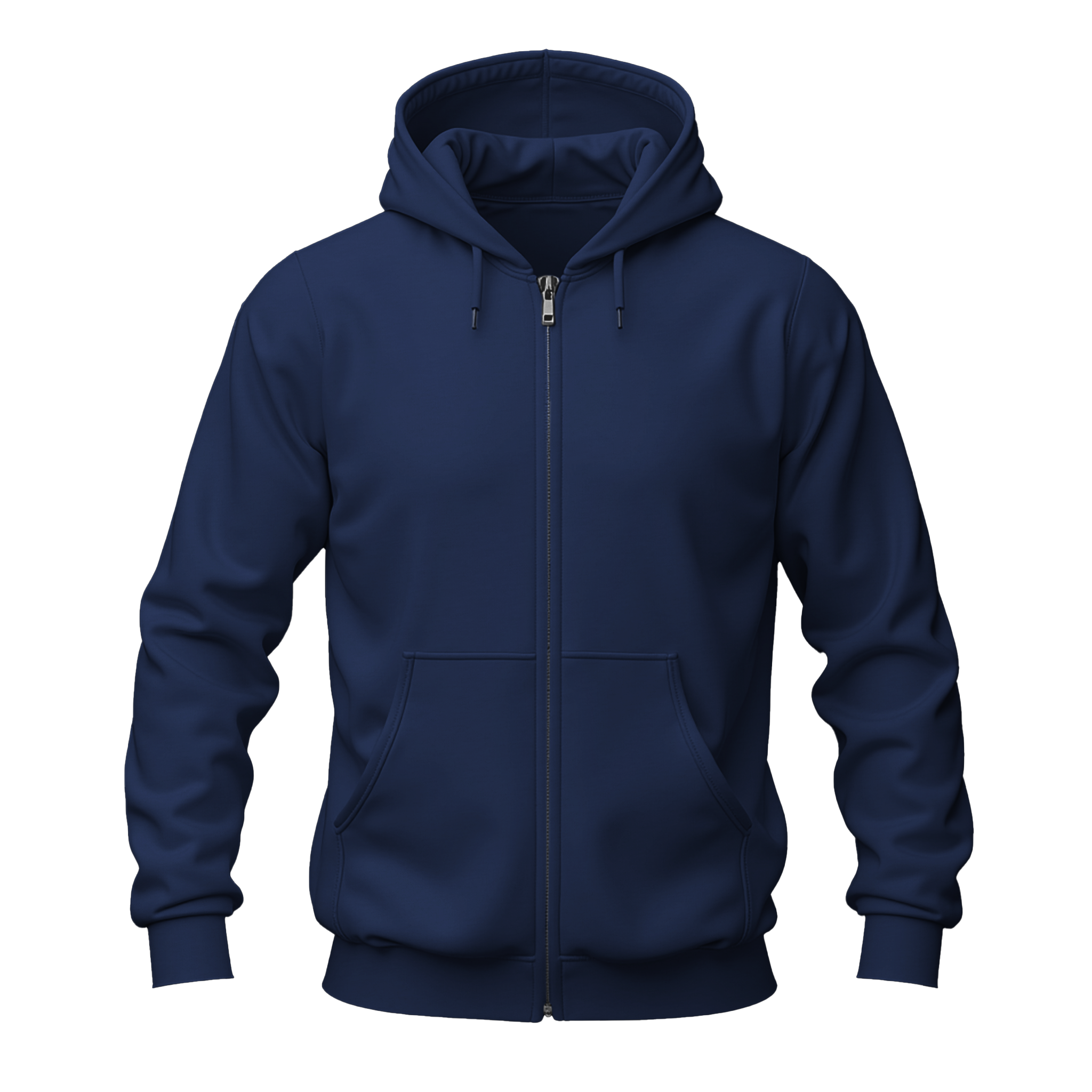 A navy blue zip-up hoodie with a full-length front zipper, drawstrings, and a front kangaroo pocket, shown on a plain white background.