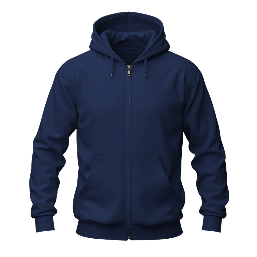 A navy blue zip-up hoodie with a full-length front zipper, drawstrings, and a front kangaroo pocket, shown on a plain white background.