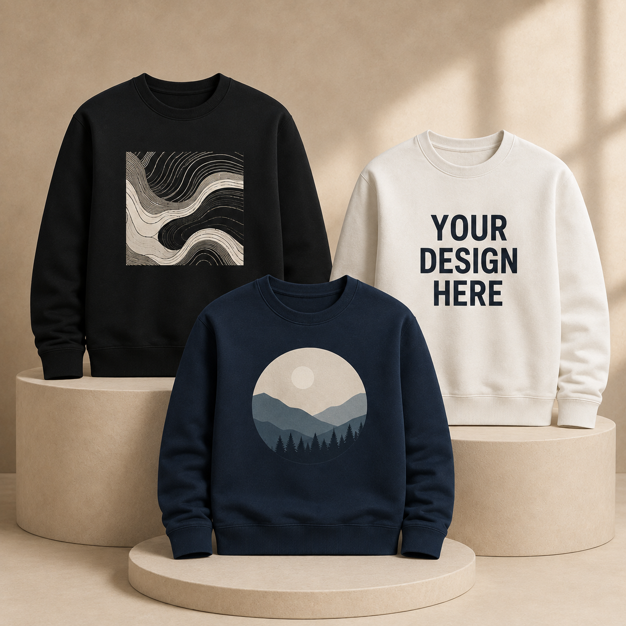 Three crewneck sweatshirts displayed on beige pedestals in a warm studio setting: a black sweatshirt with a gray abstract wave graphic, a cream sweatshirt with the text 'YOUR DESIGN HERE', and a navy sweatshirt with a mountain landscape graphic inside a circle.