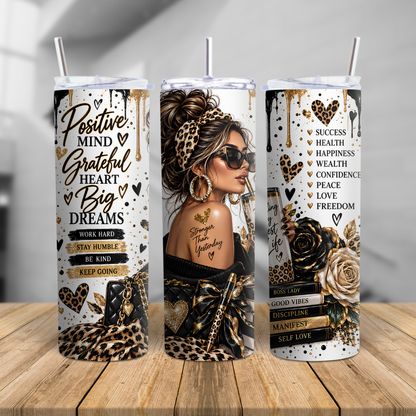 Three views of a white, black and gold leopard print affirmations tumbler featuring an illustrated boss lady, positive quotes, hearts and roses.