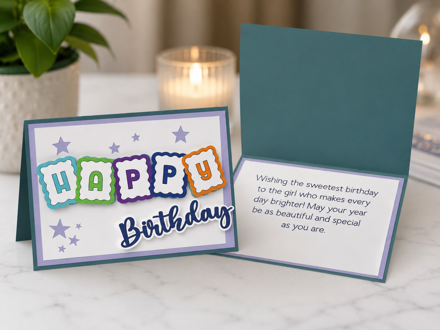 Handcrafted birthday greeting card with colorful layered lettering, decorative stars, premium cardstock, and thoughtful birthday sentiment inside.