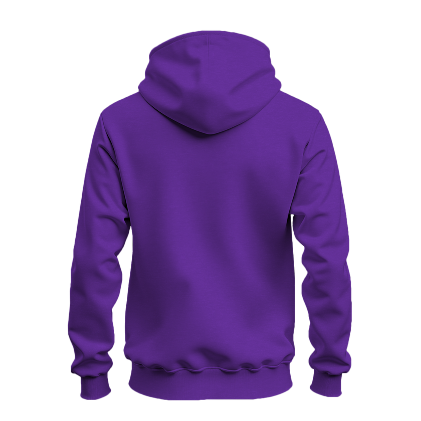 A solid purple pullover hoodie shown from the back, displayed on a clean white background.