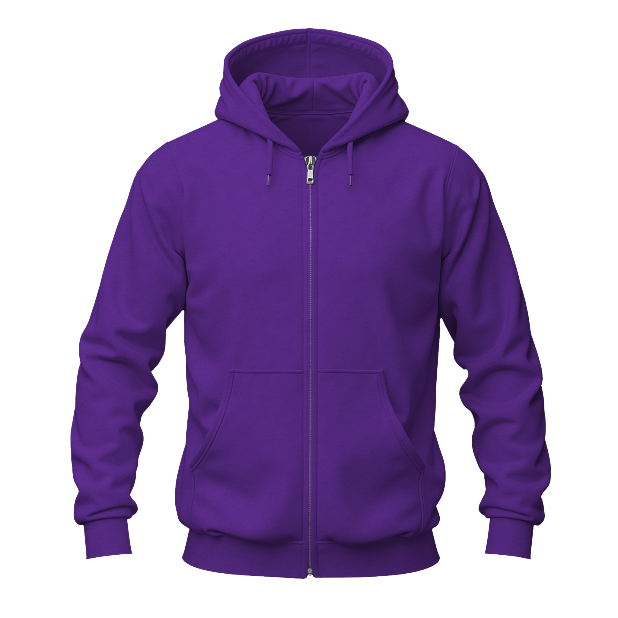 A solid purple full-zip hoodie with a drawstring hood, ribbed cuffs and hem, and a front kangaroo pocket, shown on a plain white background.