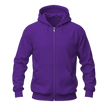 A solid purple full-zip hoodie with a drawstring hood, ribbed cuffs and hem, and a front kangaroo pocket, shown on a plain white background.