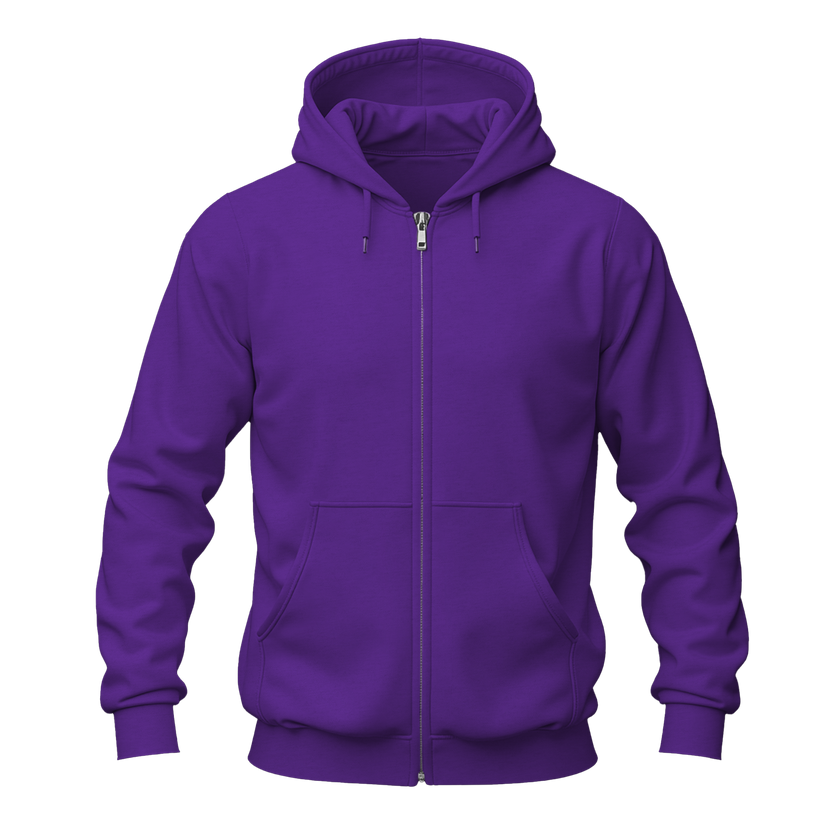A solid purple full-zip hoodie with a drawstring hood, ribbed cuffs and hem, and a front kangaroo pocket, shown on a plain white background.