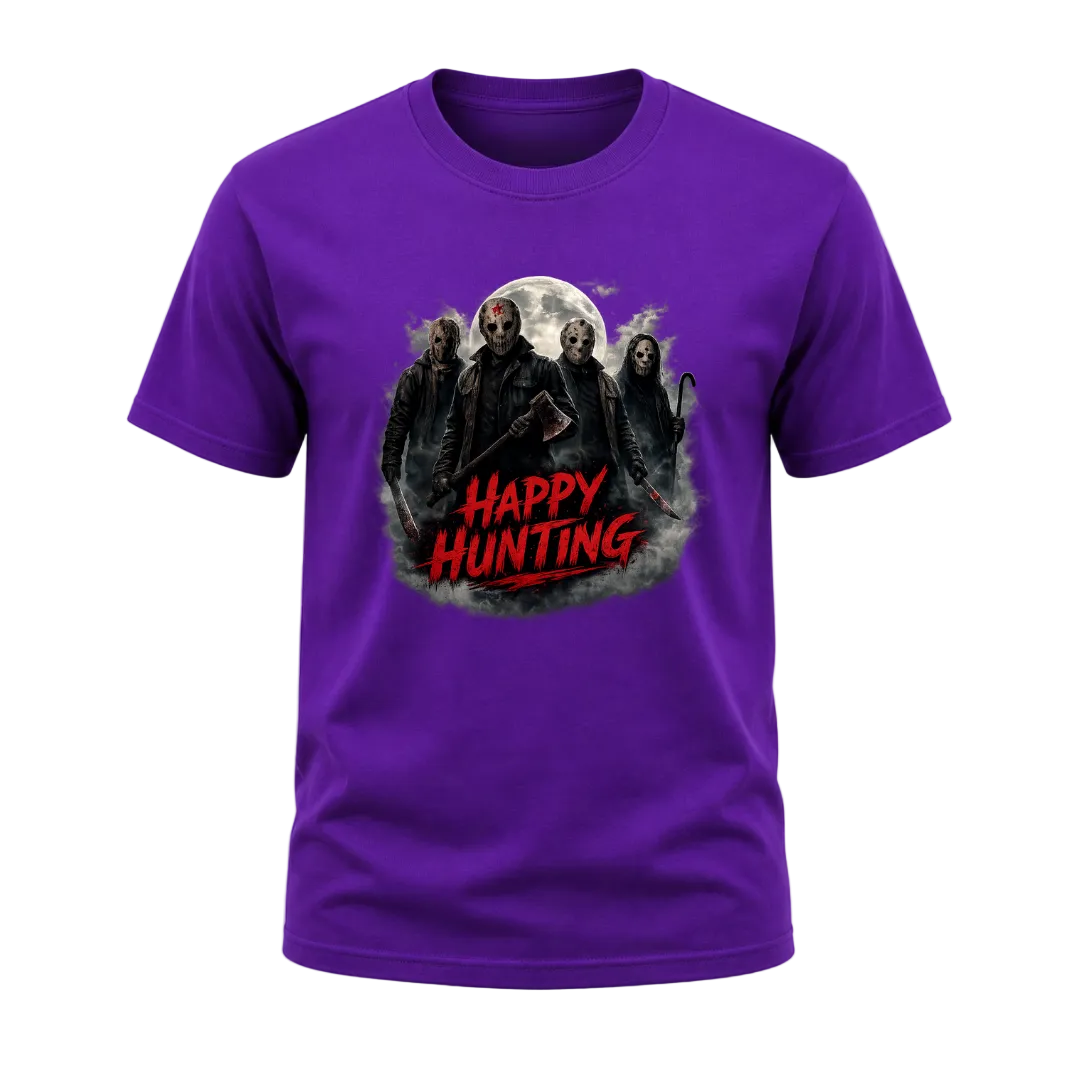 Purple adult Halloween T shirt featuring masked horror figures beneath a full moon with smoky details and red Happy Hunting lettering.