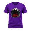 Purple adult Halloween T shirt featuring masked horror figures beneath a full moon with smoky details and red Happy Hunting lettering.