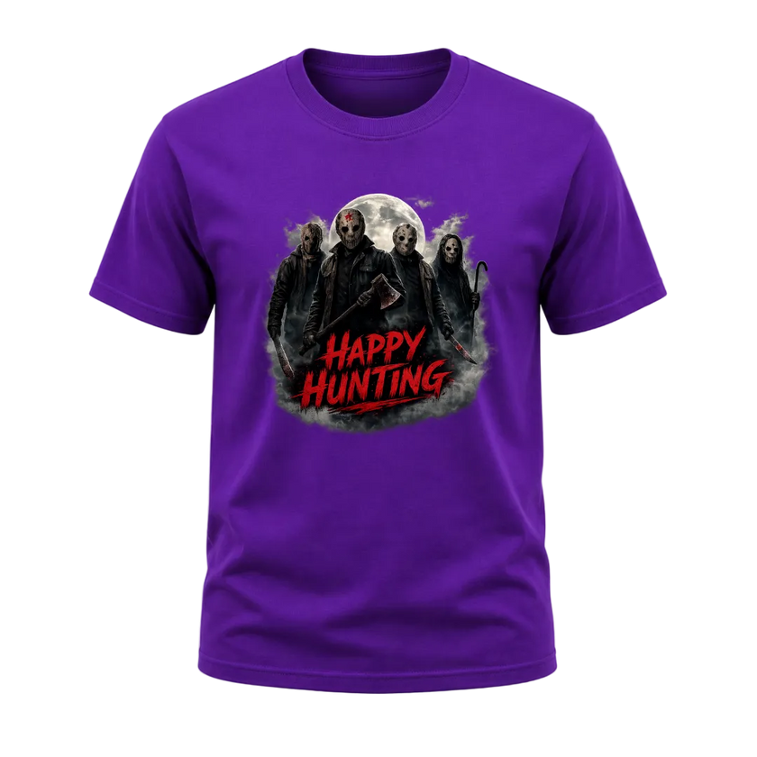 Purple adult Halloween T shirt featuring masked horror figures beneath a full moon with smoky details and red Happy Hunting lettering.
