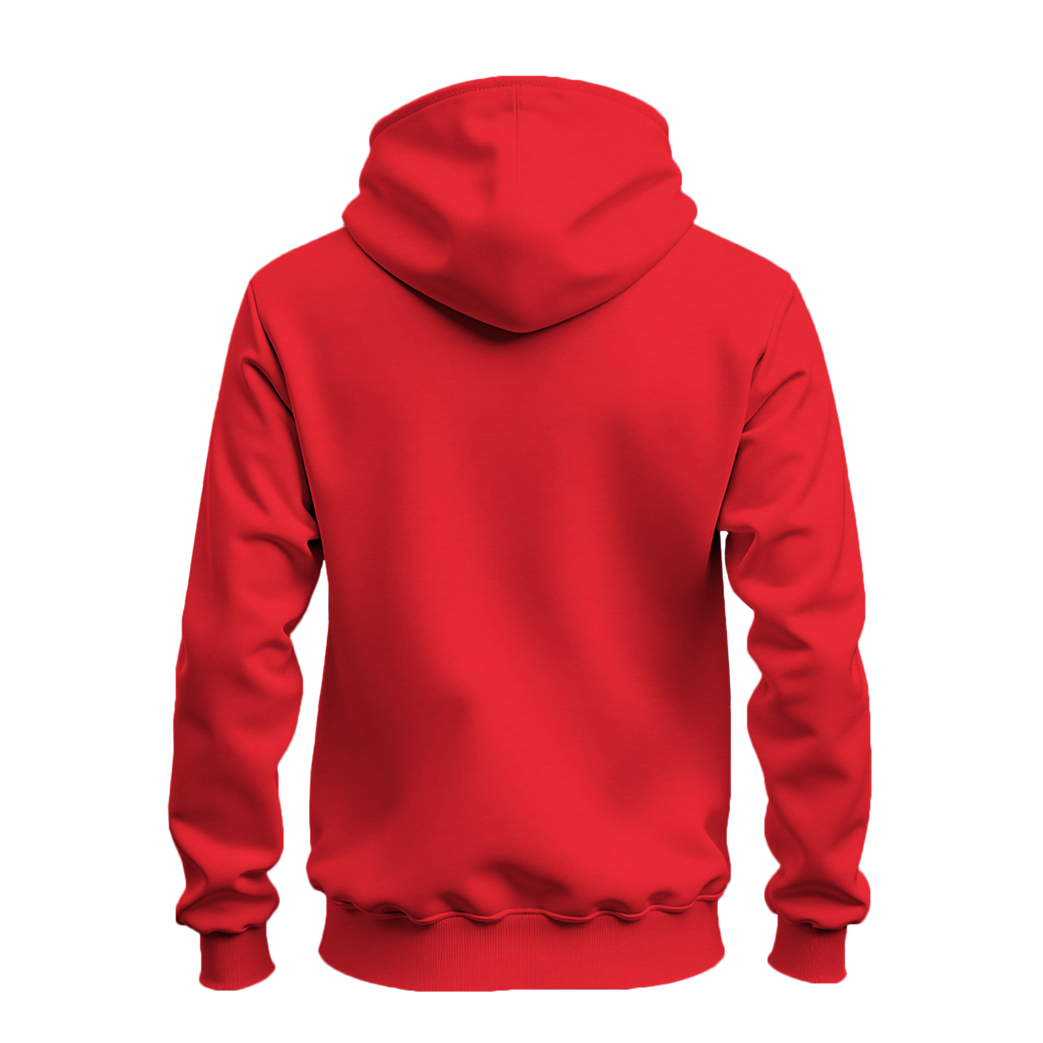 A bright red pullover hoodie shown from the back, photographed on a clean white background.
