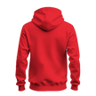 A bright red pullover hoodie shown from the back, photographed on a clean white background.