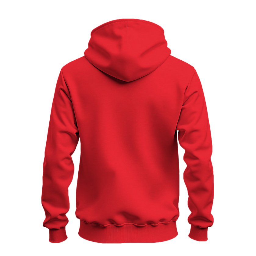 A bright red pullover hoodie shown from the back, photographed on a clean white background.