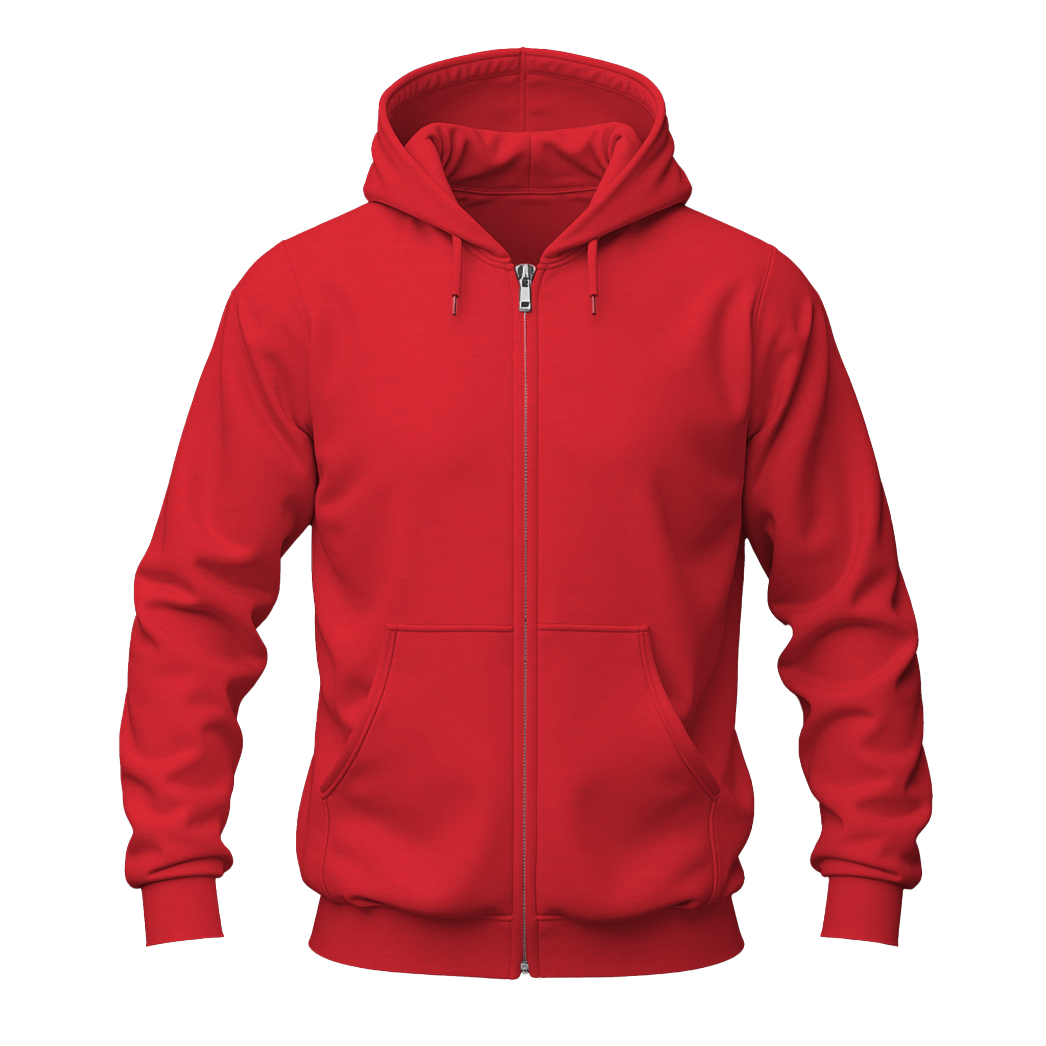 A bright red zip-up hoodie with a full front zipper, drawstring hood, and kangaroo pockets, shown on a plain white background.