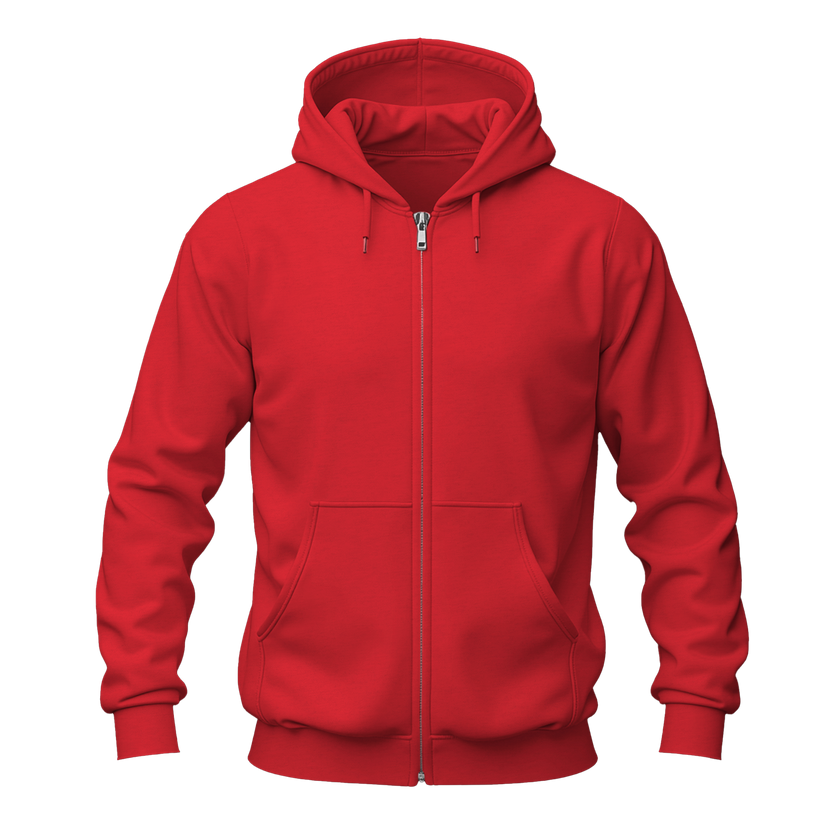 A bright red zip-up hoodie with a full front zipper, drawstring hood, and kangaroo pockets, shown on a plain white background.