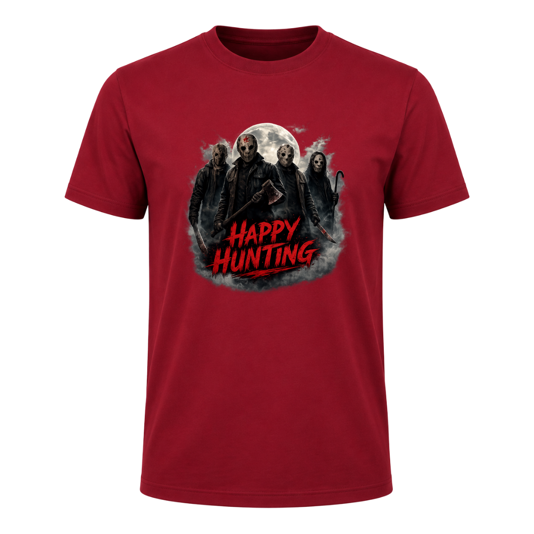 Bright red Happy Hunting adult horror T shirt with a dark moonlit graphic, masked characters and bold red typography.