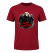 Bright red Happy Hunting adult horror T shirt with a dark moonlit graphic, masked characters and bold red typography.
