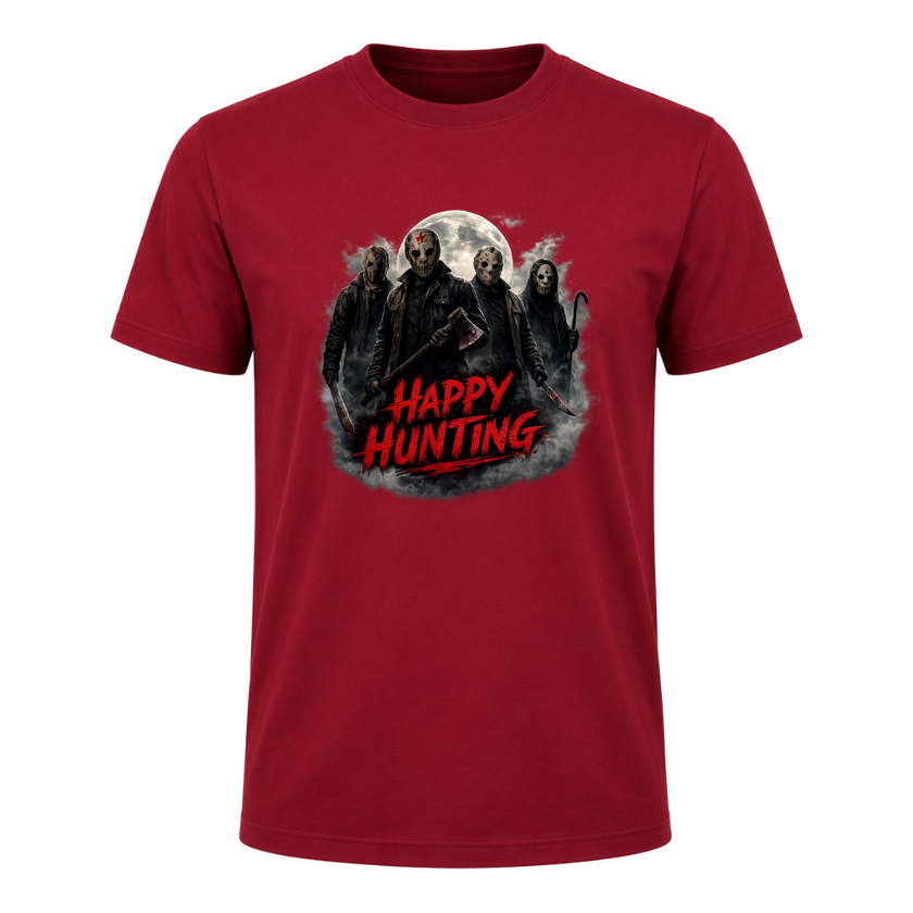 Bright red Happy Hunting adult horror T shirt with a dark moonlit graphic, masked characters and bold red typography.