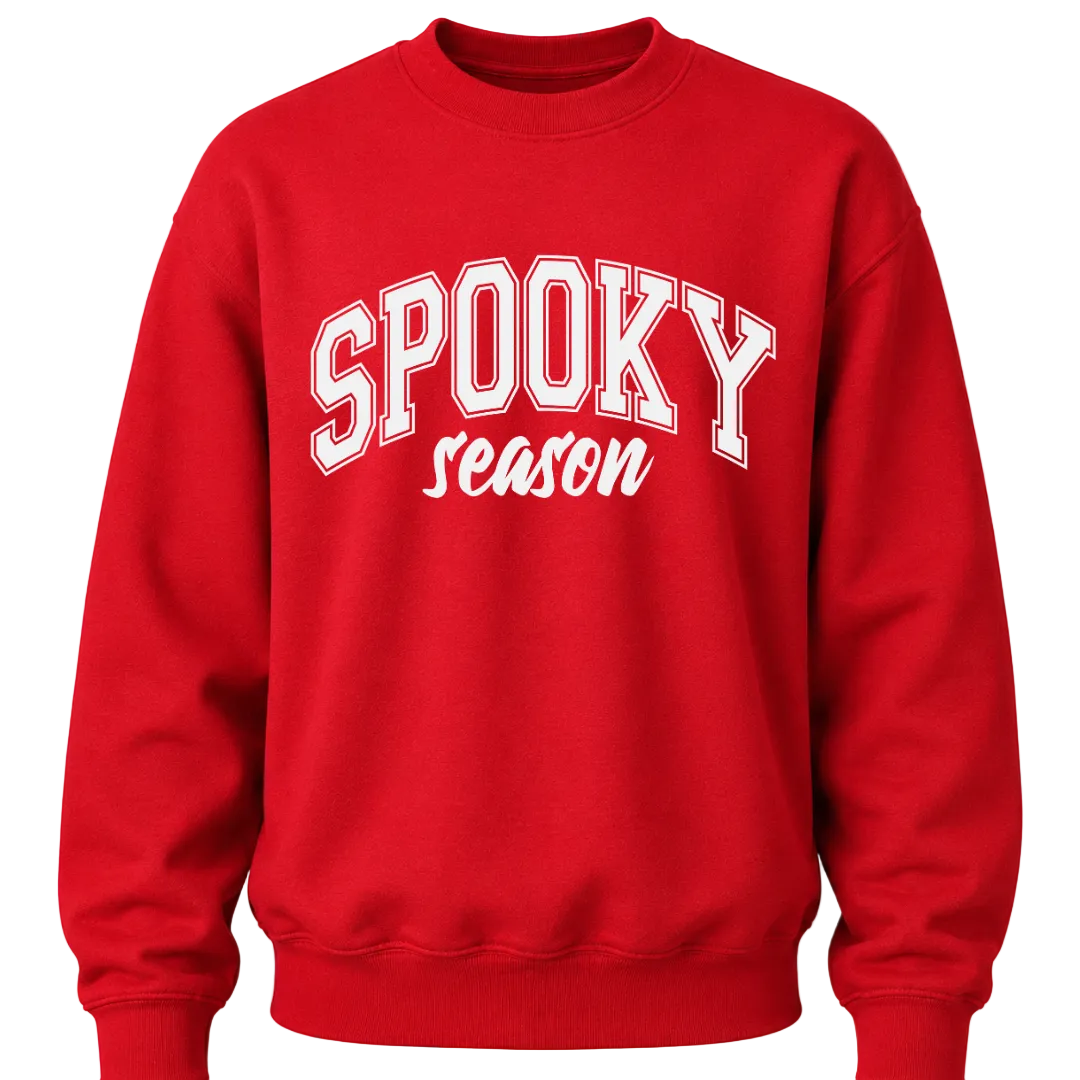Red Spooky Season Halloween crewneck sweatshirt with bold white varsity style graphic for men and women