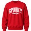 Red Spooky Season Halloween crewneck sweatshirt with bold white varsity style graphic for men and women