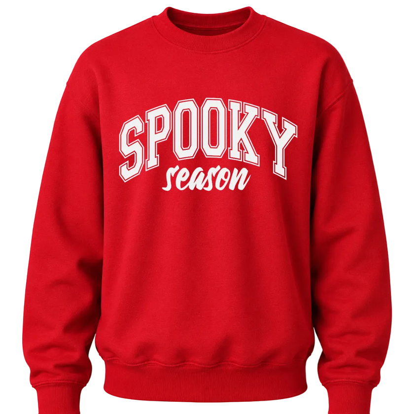 Red Spooky Season Halloween crewneck sweatshirt with bold white varsity style graphic for men and women