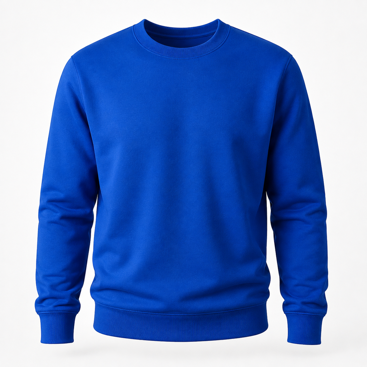 A royal blue crewneck sweatshirt with long sleeves and ribbed cuffs and hem, shown on a clean white background.