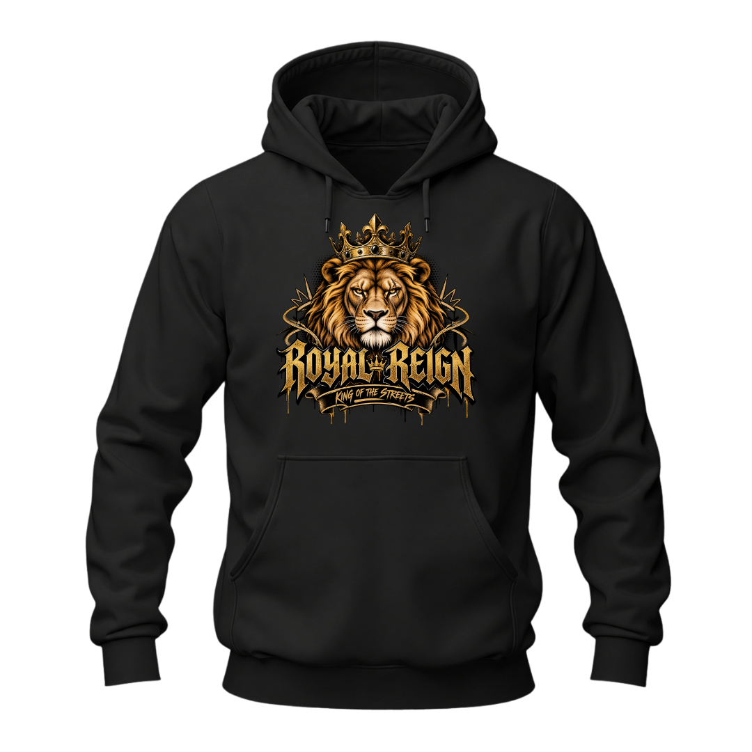 Black men's Royal Reign hoodie featuring a detailed crowned lion and gold King of the Streets graphic on the front