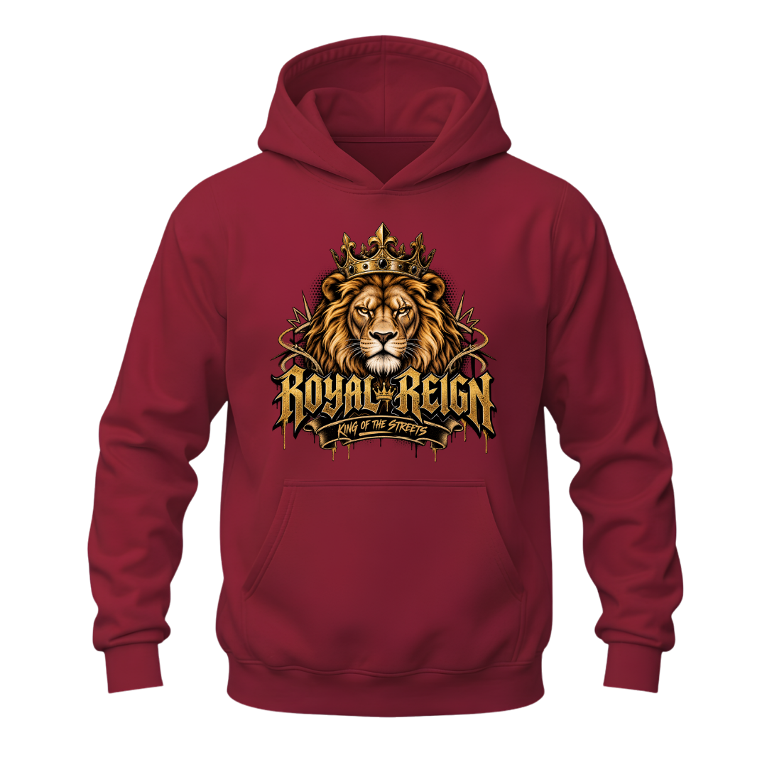 Cardinal red men's lion hoodie with Royal Reign lettering, golden crown and bold King of the Streets streetwear design