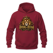 Cardinal red men's lion hoodie with Royal Reign lettering, golden crown and bold King of the Streets streetwear design