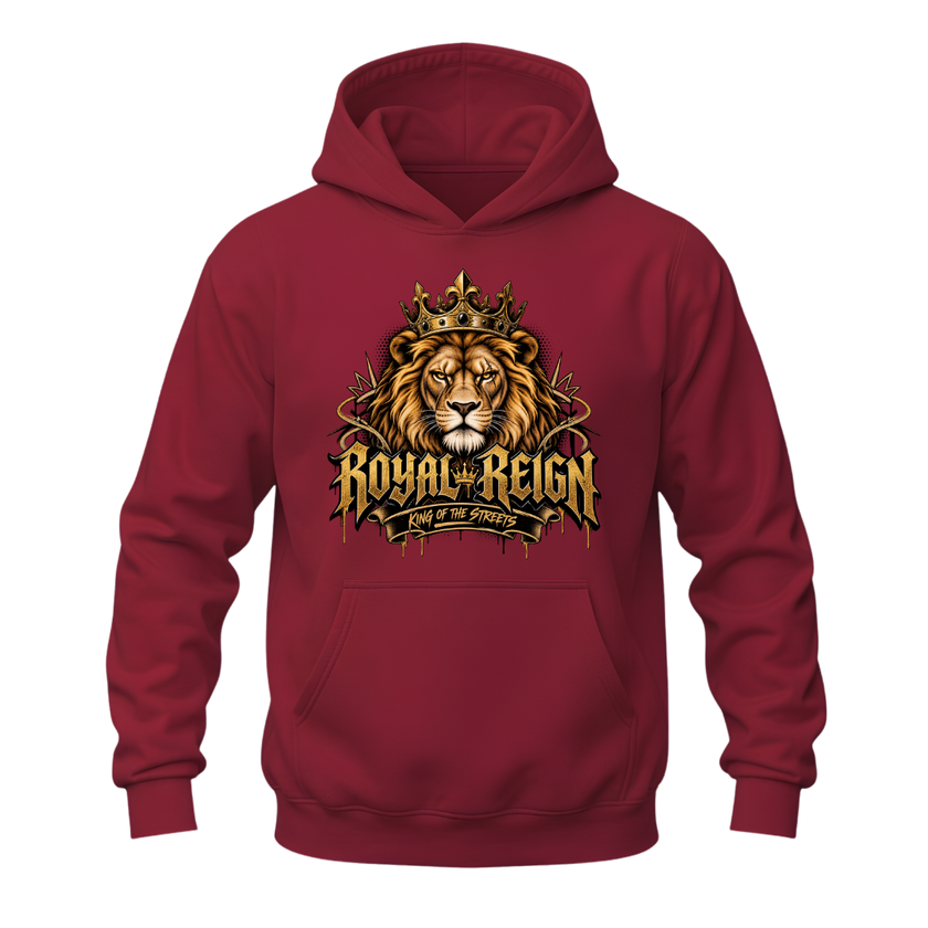 Cardinal red men's lion hoodie with Royal Reign lettering, golden crown and bold King of the Streets streetwear design