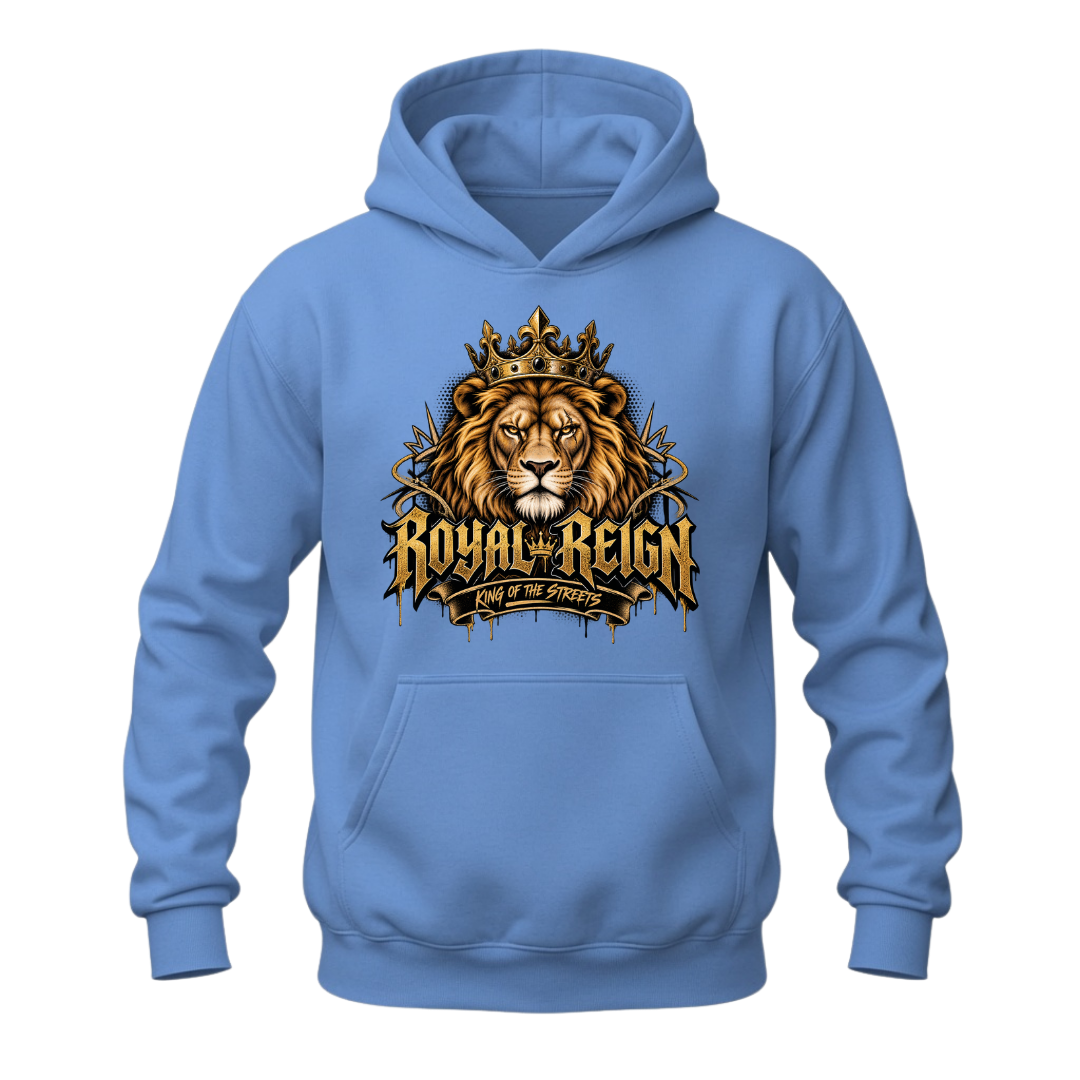 Carolina blue Royal Reign men's hoodie featuring a crowned golden lion and urban King of the Streets graphic