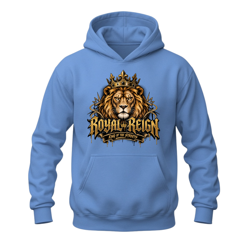 Carolina blue Royal Reign men's hoodie featuring a crowned golden lion and urban King of the Streets graphic