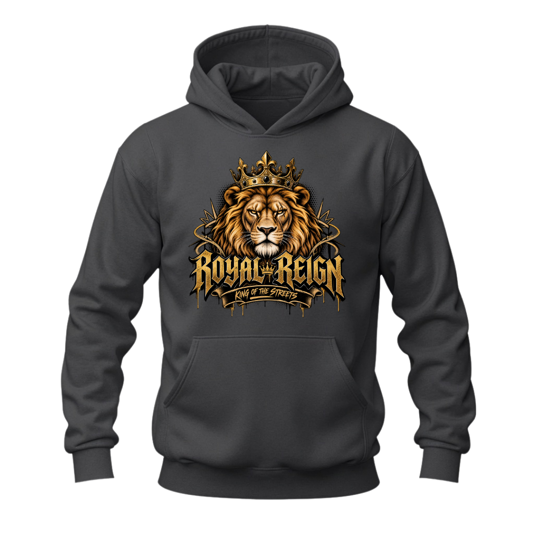 Charcoal grey men's graphic hoodie featuring a gold crowned lion, Royal Reign typography and streetwear styling