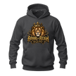 Charcoal grey men's graphic hoodie featuring a gold crowned lion, Royal Reign typography and streetwear styling