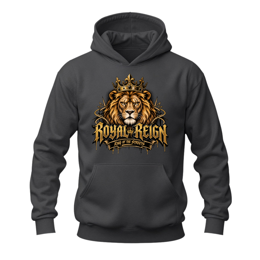 Charcoal grey men's graphic hoodie featuring a gold crowned lion, Royal Reign typography and streetwear styling