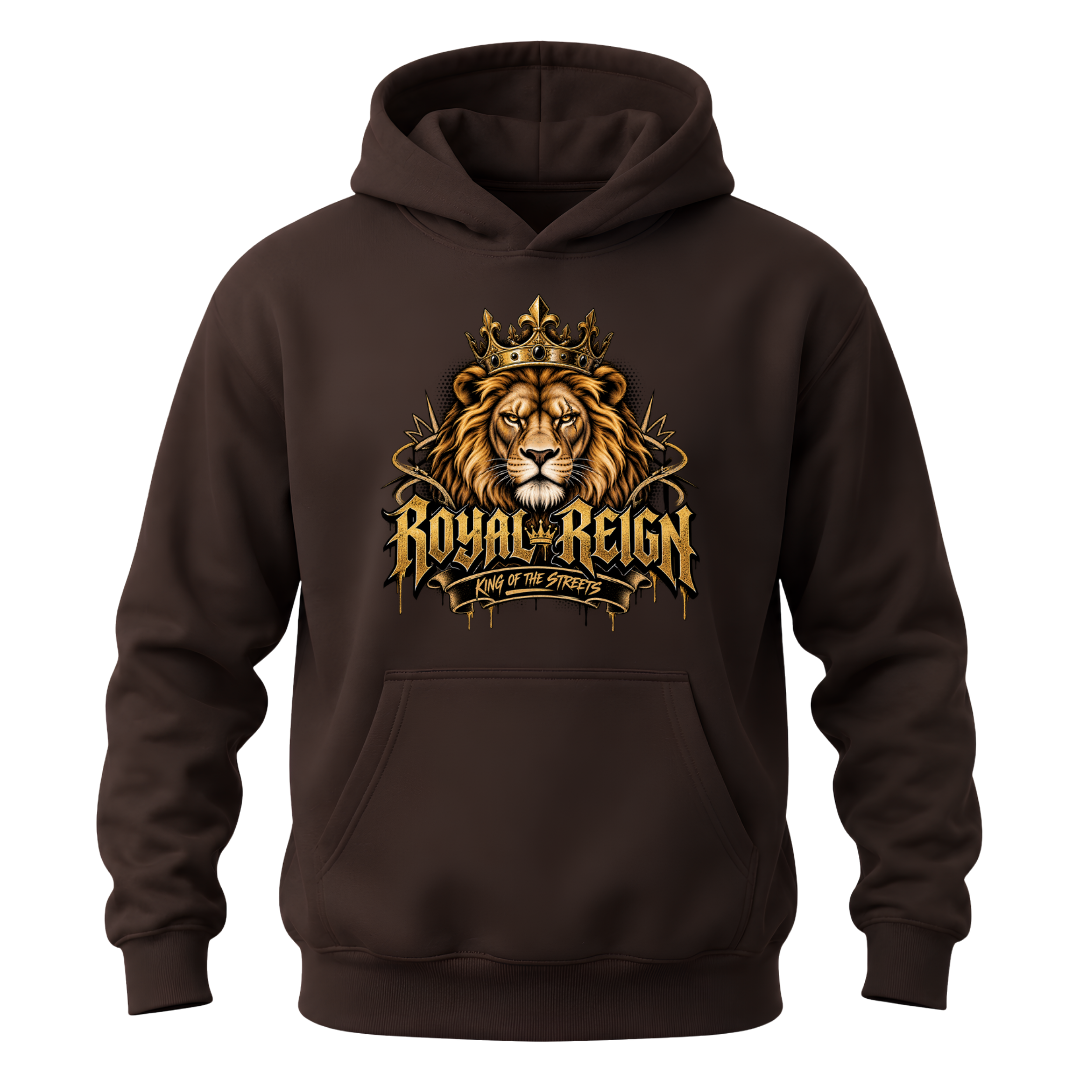 Dark chocolate men's Royal Reign hoodie with detailed lion crown artwork and bold King of the Streets front graphic