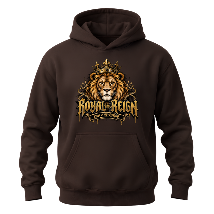 Dark chocolate men's Royal Reign hoodie with detailed lion crown artwork and bold King of the Streets front graphic