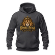 Dark heather grey men's lion hoodie featuring a golden crowned lion and Royal Reign King of the Streets design