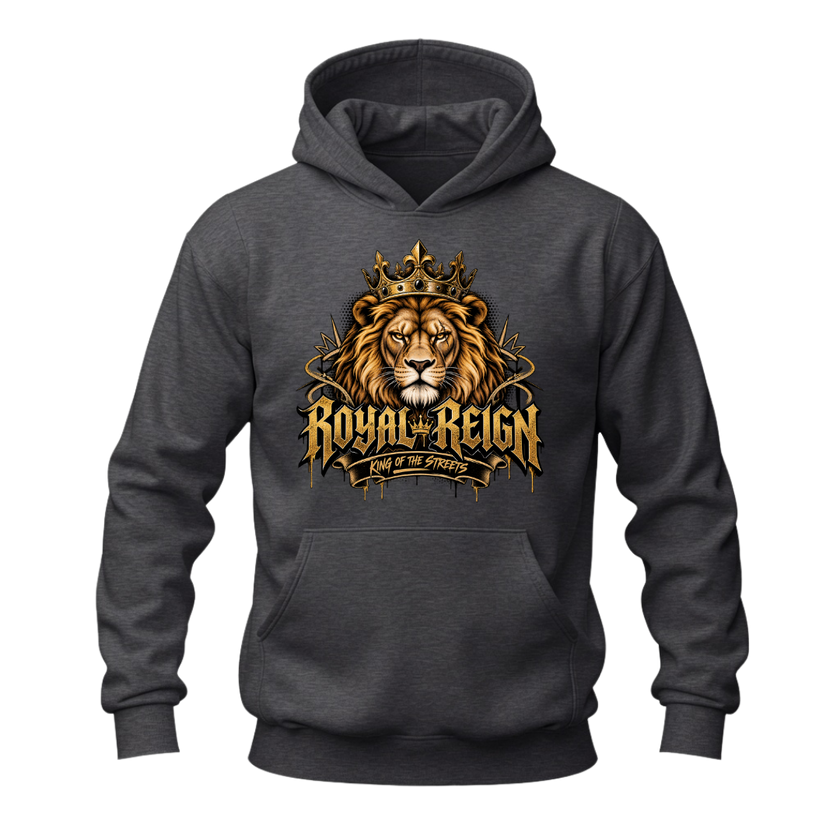 Dark heather grey men's lion hoodie featuring a golden crowned lion and Royal Reign King of the Streets design