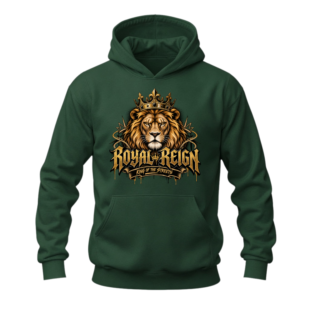 Forest green men's graphic hoodie with crowned lion artwork, gold Royal Reign lettering and urban streetwear style