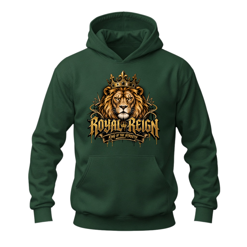 Forest green men's graphic hoodie with crowned lion artwork, gold Royal Reign lettering and urban streetwear style