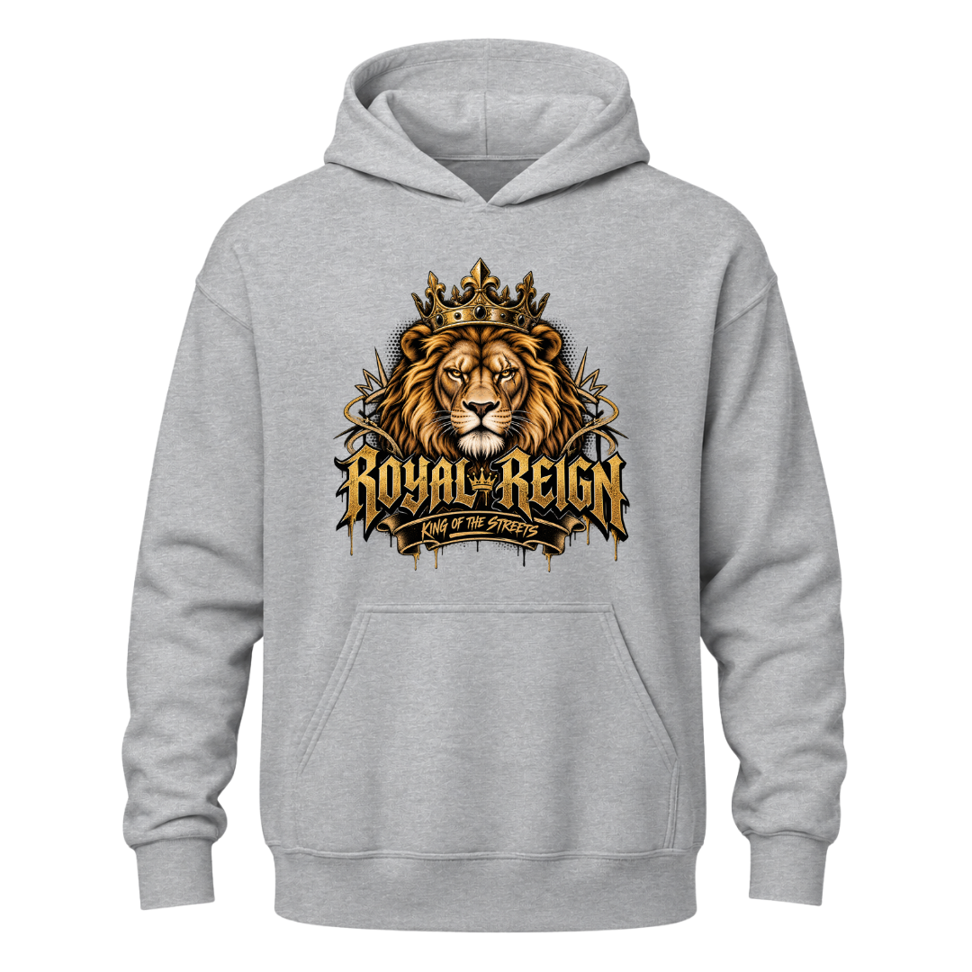 Grey men's Royal Reign lion hoodie featuring a detailed golden lion crown and King of the Streets graphic
