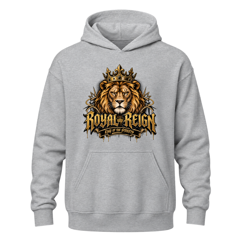 Grey men's Royal Reign lion hoodie featuring a detailed golden lion crown and King of the Streets graphic