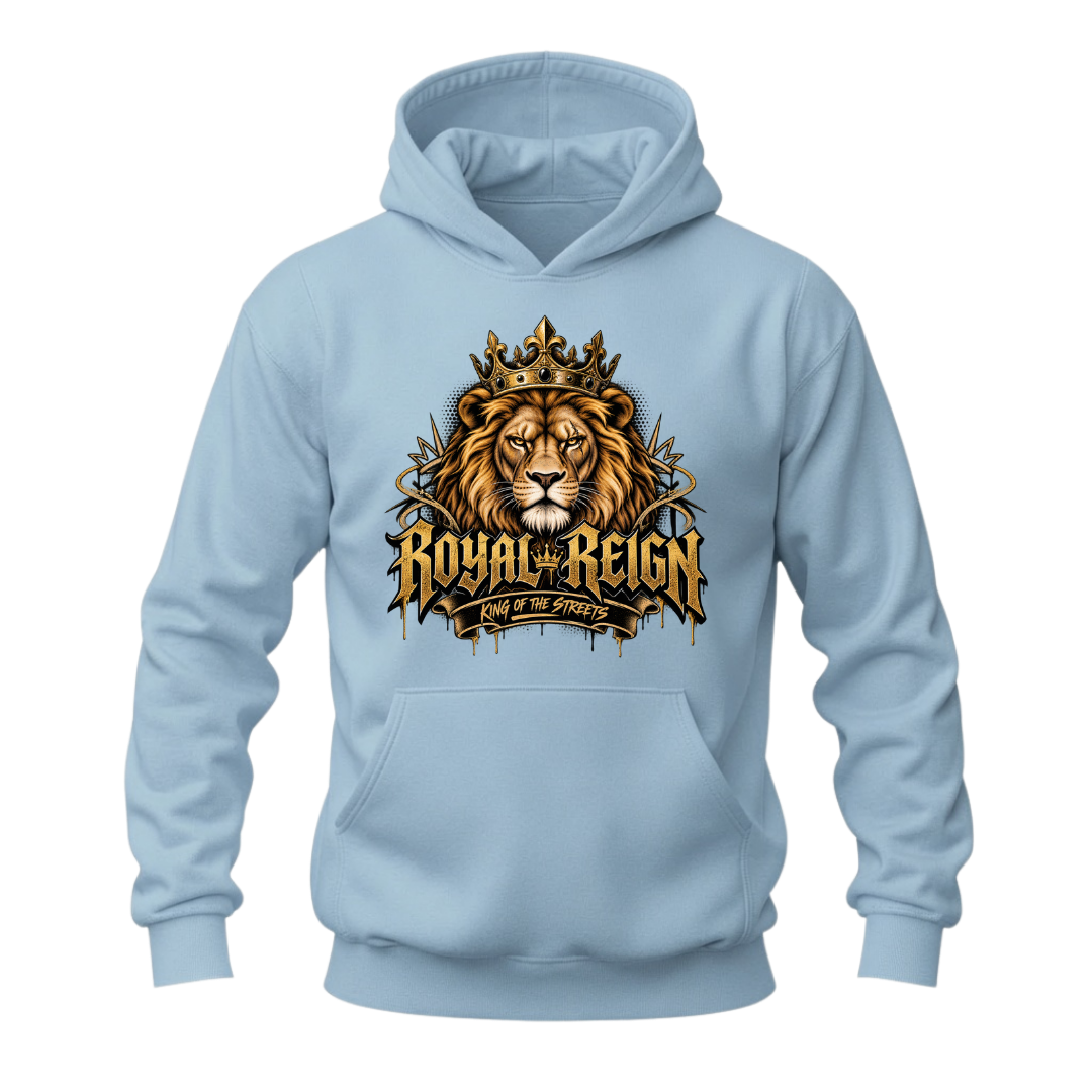Light blue men's lion hoodie with Royal Reign crowned lion artwork and bold gold streetwear inspired design
