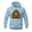Light blue men's lion hoodie with Royal Reign crowned lion artwork and bold gold streetwear inspired design