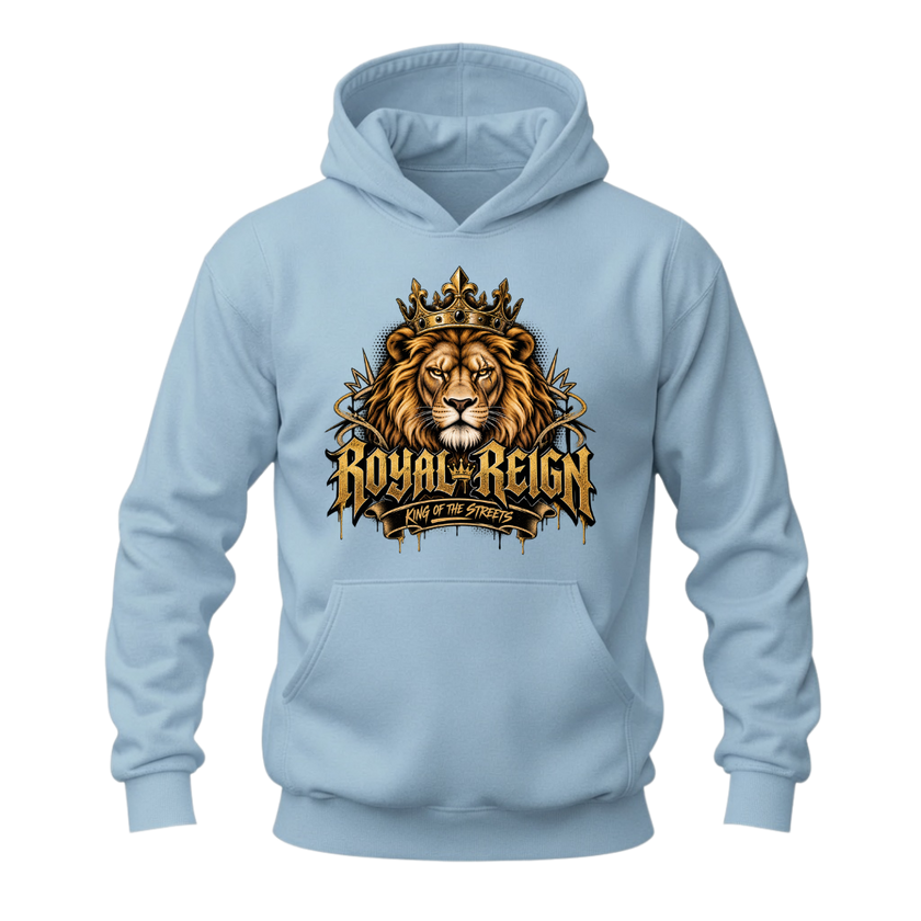 Light blue men's lion hoodie with Royal Reign crowned lion artwork and bold gold streetwear inspired design