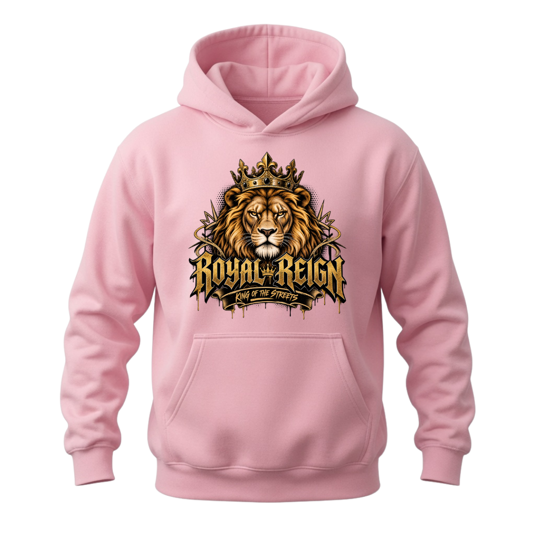 Light pink men's Royal Reign hoodie featuring a crowned golden lion and King of the Streets graphic design