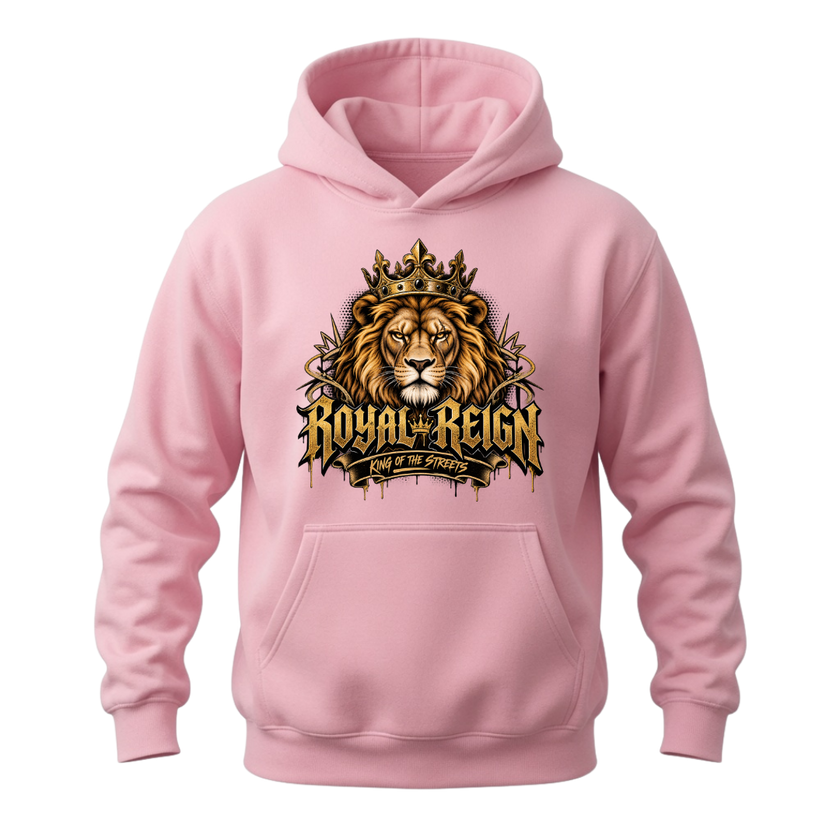 Light pink men's Royal Reign hoodie featuring a crowned golden lion and King of the Streets graphic design