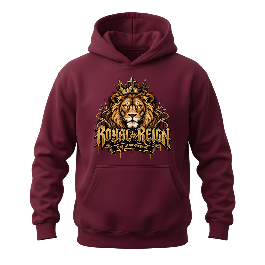 Maroon men's graphic hoodie with Royal Reign lettering, crowned lion artwork and gold King of the Streets design