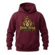 Maroon men's graphic hoodie with Royal Reign lettering, crowned lion artwork and gold King of the Streets design