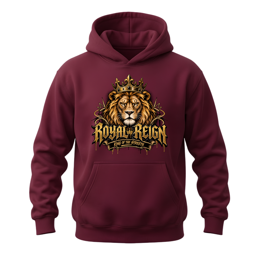 Maroon men's graphic hoodie with Royal Reign lettering, crowned lion artwork and gold King of the Streets design